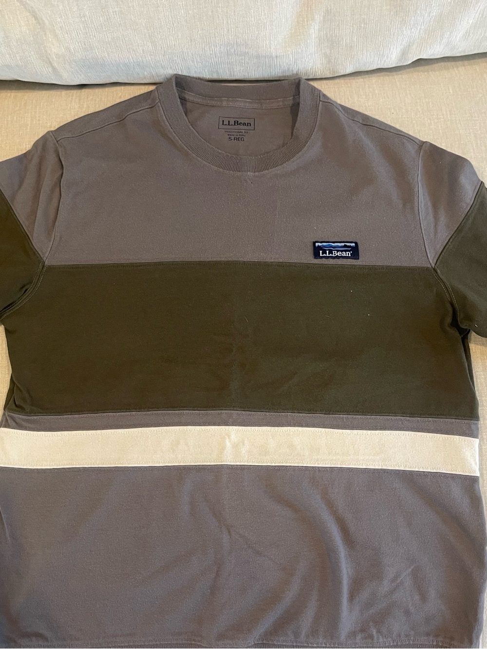 L.L. Bean Short-Sleeve Crewneck in Gray, Olive & Cream Stripe
